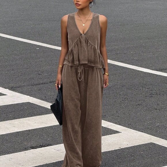 MODA ME COUTURE Tops - Brown Casual Women's Two-Piece Outfit with V-Neck Ruffle Top and Wide-Leg Pants